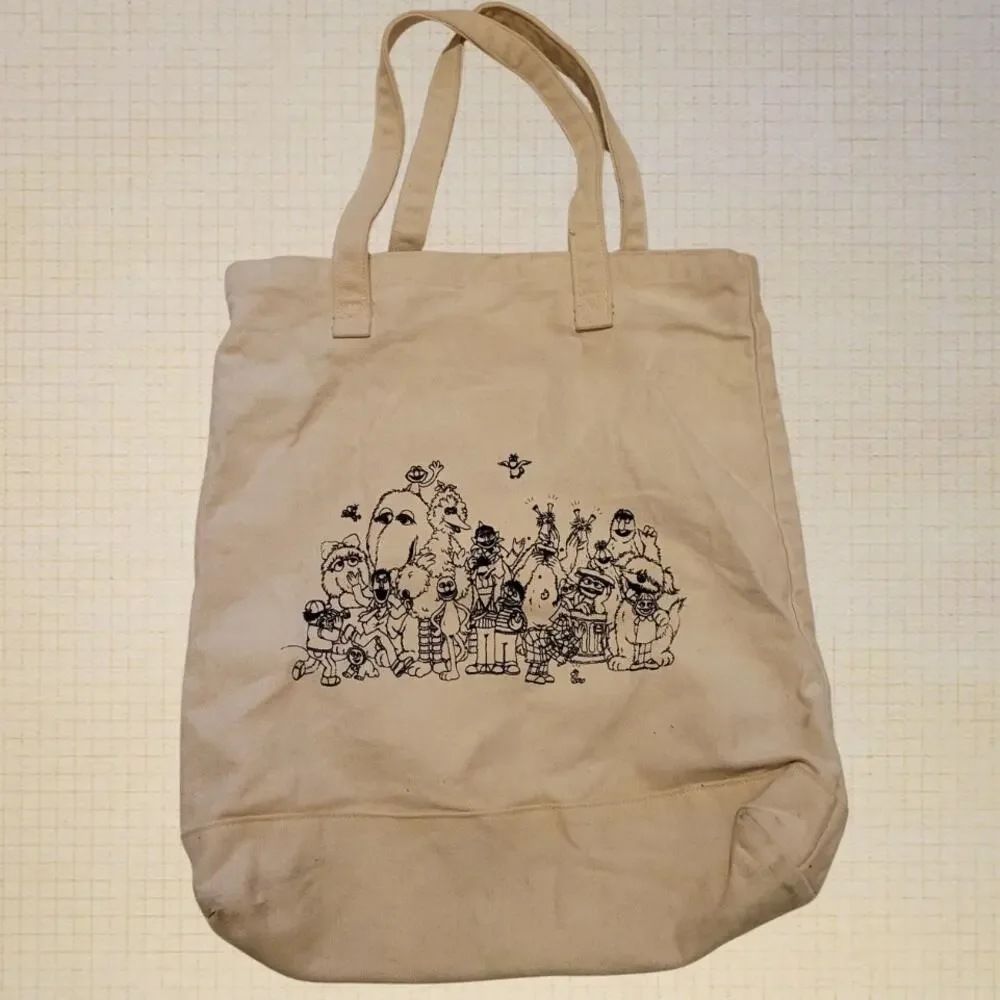 H&M Sesame Street Durable Tote Bag Beige Bookbag Kidcore